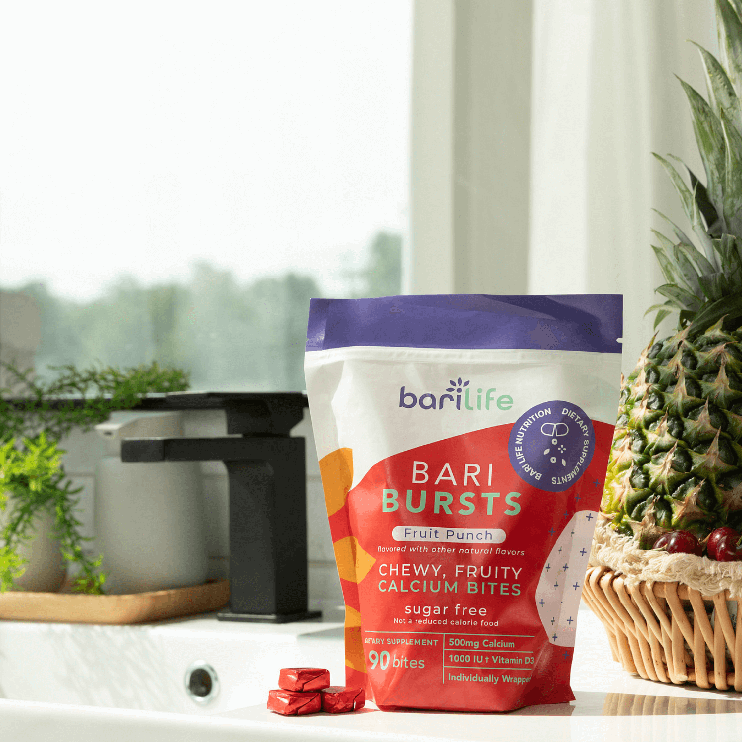 BariLife BariBursts Fruit Punch calcium chews, sugar-free, chewy fruity bites with calcium citrate and D3 for optimal absorption.